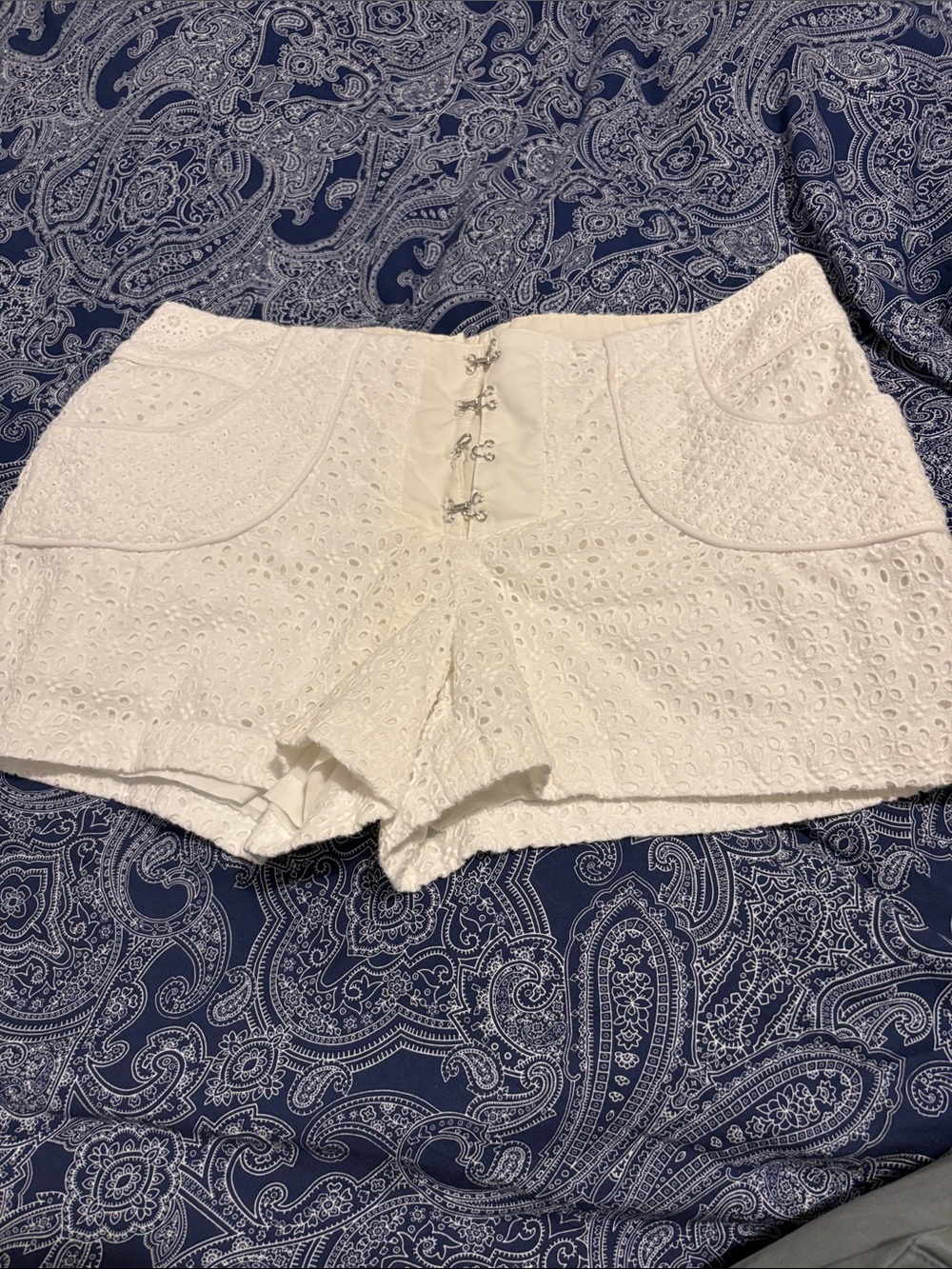 Marciano White Eyelet High-Waist Hook-Front Shorts